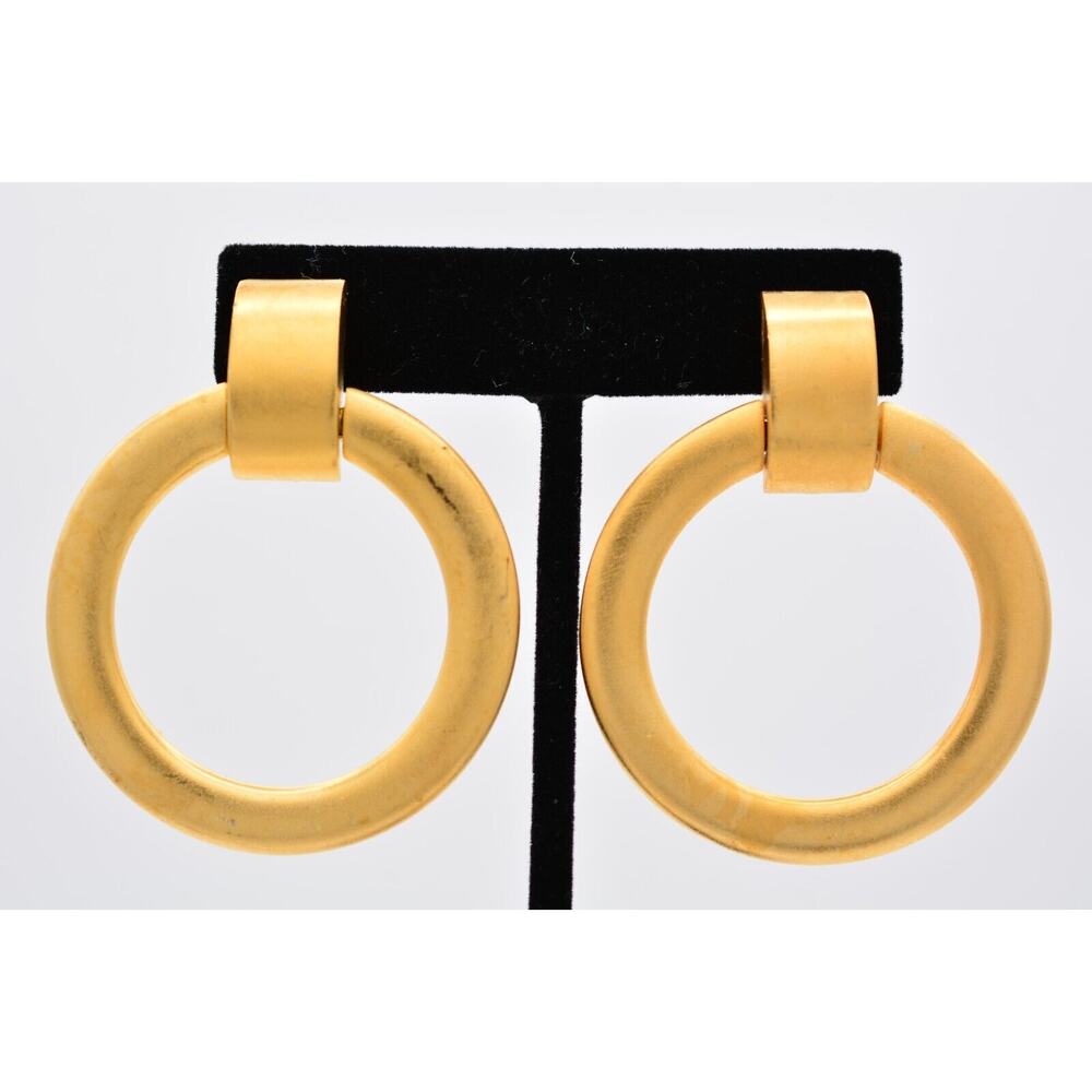 Vintage Clip Earrings Brushed Gold Matte Door Knockers Chunky Heavy 1980s BinAY